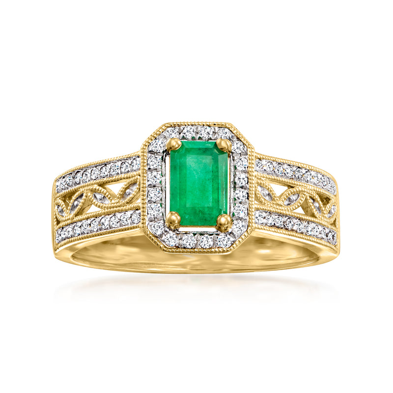 14k yellow gold diamond halo emerald-cut green gemstone ring, split-shank