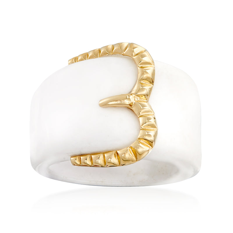 Yellow gold buckle ring with white agate center and textured band