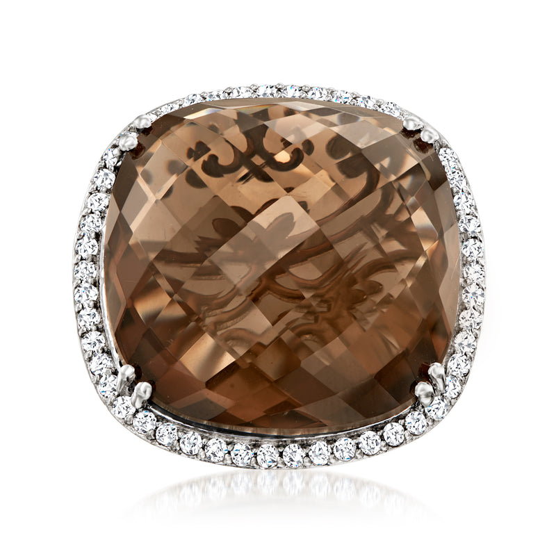 Sterling silver ring with oval smoky quartz center and white topaz halo, prong-set.