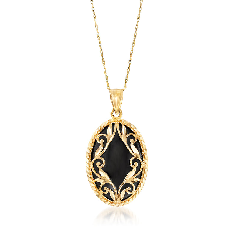 Oval black onyx pendant on 14kt yellow gold chain with ornate filigree frame