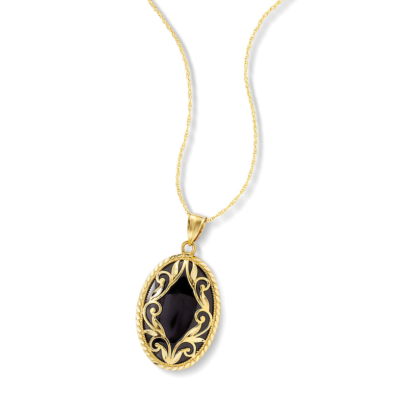 Oval black onyx pendant necklace, gold bail and filigree border on yellow chain
