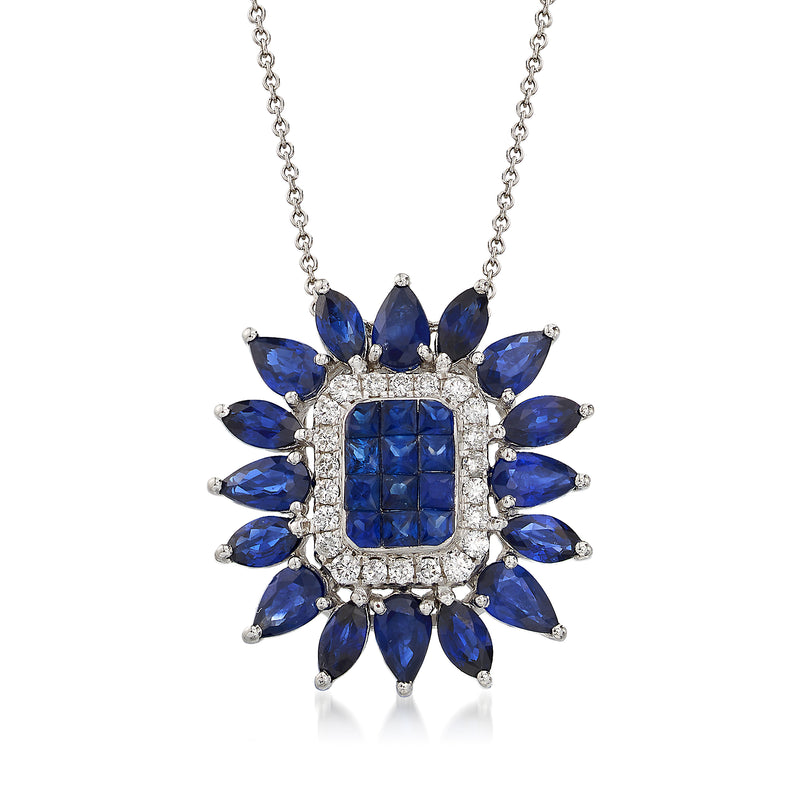 18kt white gold pendant necklace with blue sapphire cluster and round diamond halo