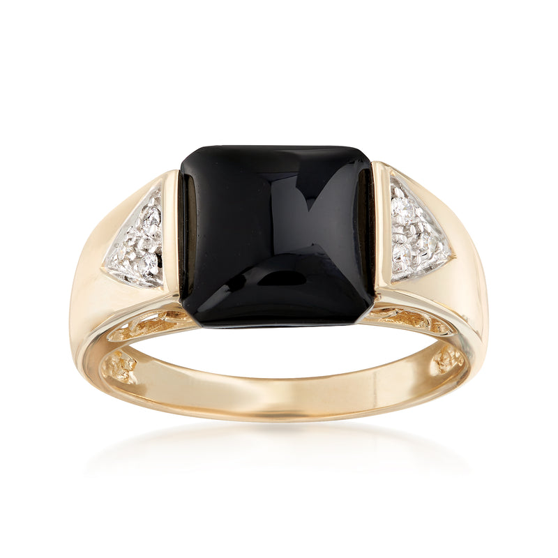 Black onyx cabochon ring with diamond accents, 14kt yellow gold band