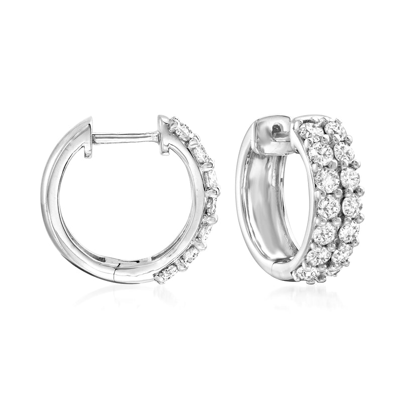 Diamond huggie hoop earrings in sterling silver, front and side views