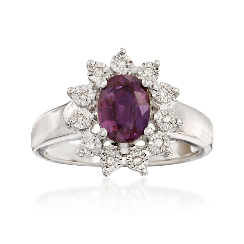 Sterling silver ring with purple oval synthetic alexandrite and diamond accents