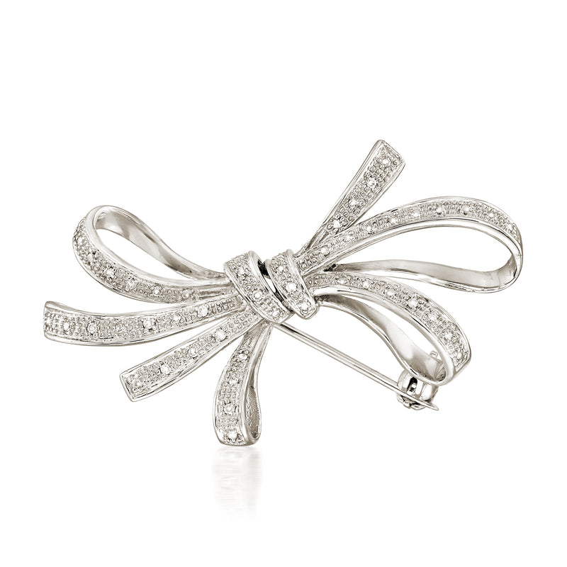 Sterling silver diamond ribbon pin with bow design
