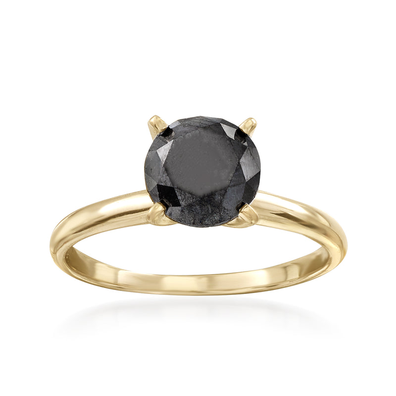 Yellow gold solitaire ring with round black center stone, three-prong bezel