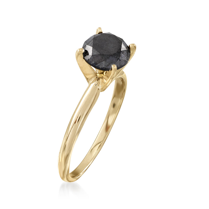 14kt yellow gold solitaire ring with round black center stone in tall prongs, angled