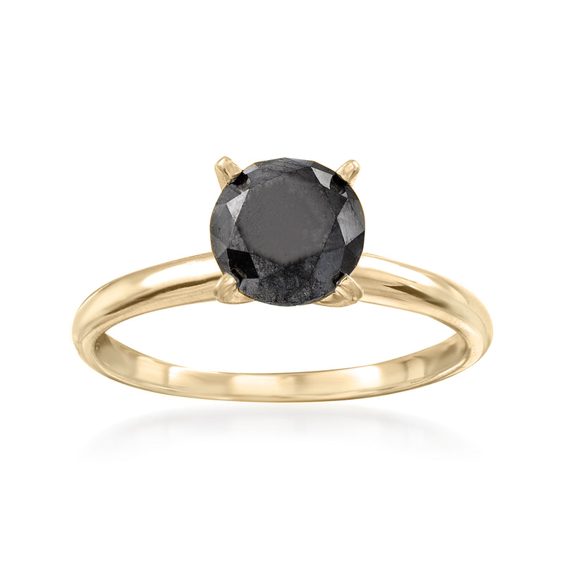 14kt yellow gold solitaire ring with round black diamond set in four prongs