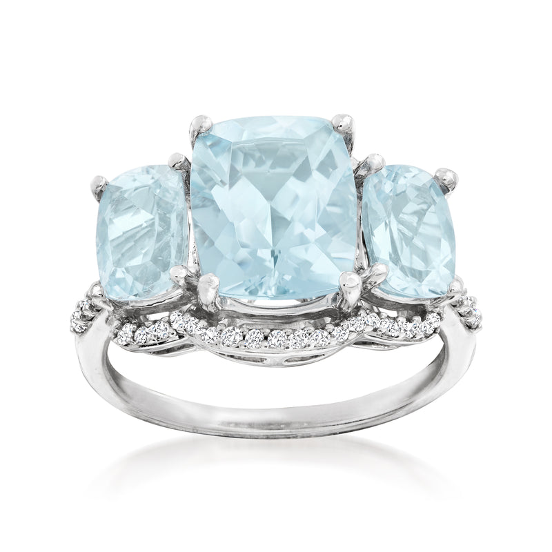 14kt white gold ring with large light blue aquamarine and small diamond accents