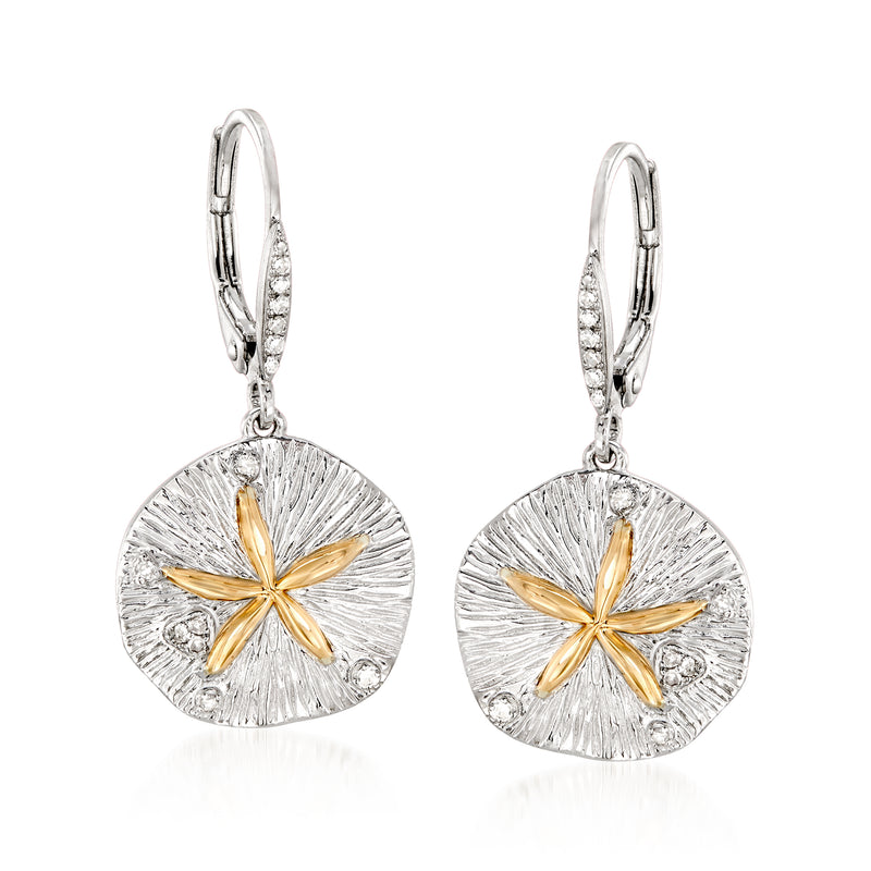 Sterling silver sand dollar drop earrings with gold star and small diamond accents, leverback