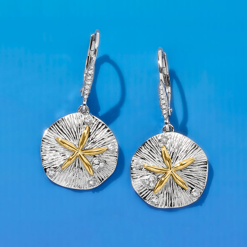 Sand dollar drop earrings in sterling silver with 14kt yellow gold star center and leverbacks