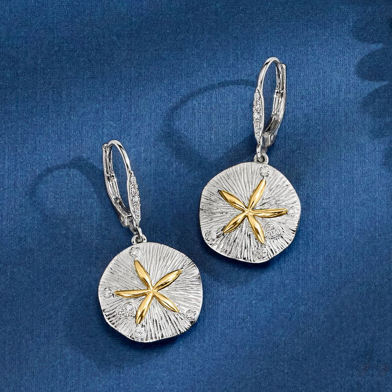 Sterling silver leverback earrings, round sand dollar discs with gold star and tiny stones