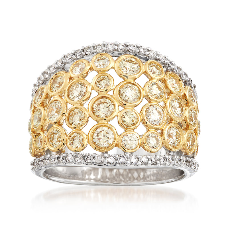Two-tone gold diamond ring with bezel-set round stones, white halo edge