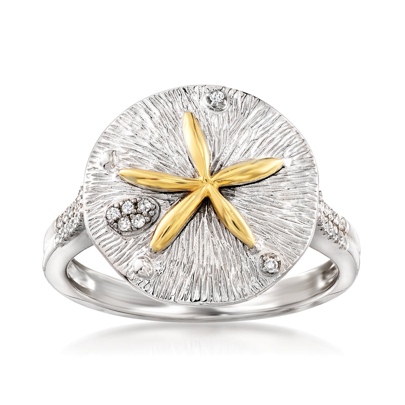 Sterling silver sand dollar ring with diamond accents and 14kt yellow gold starfish center