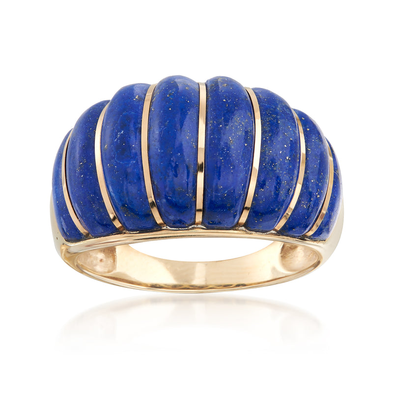 Carved lapis shrimp ring in 14kt yellow gold with dark blue bands around the top