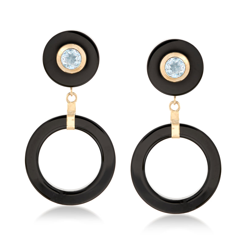 Black onyx open-circle drop earrings with blue topaz accents in yellow gold