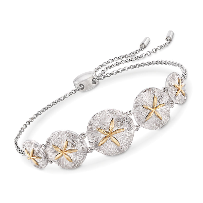 Silver bolo bracelet with 14kt yellow gold star accents on three sand dollar charms