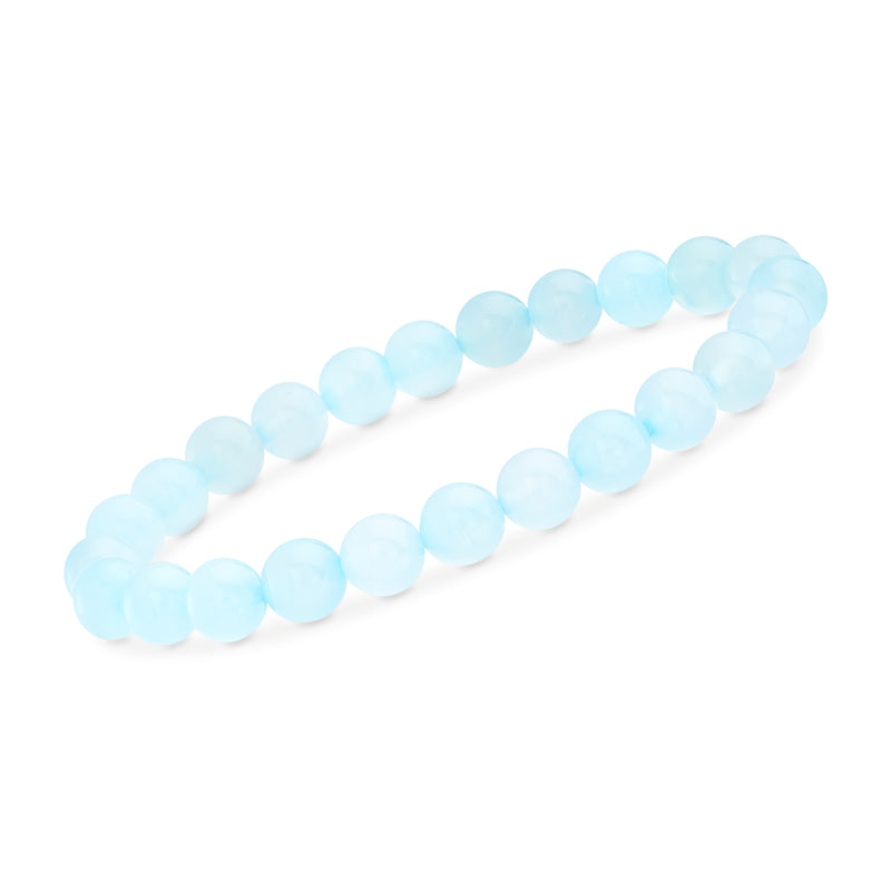 Blue agate bead stretch bracelet with smooth round light-blue beads, 8mm