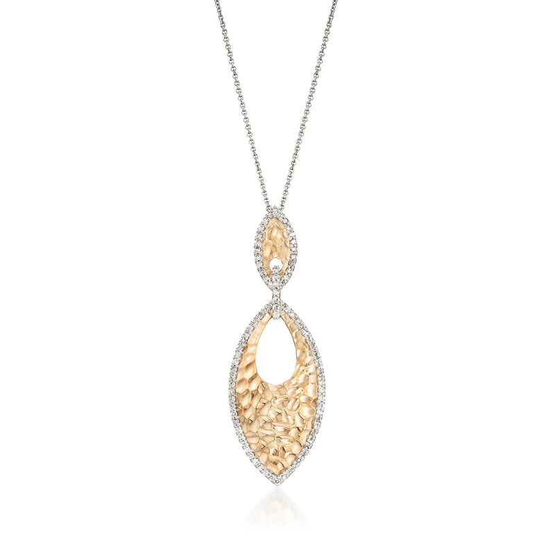 Two-tone gold marquise pendant necklace with diamond accents and textured center, fine chain