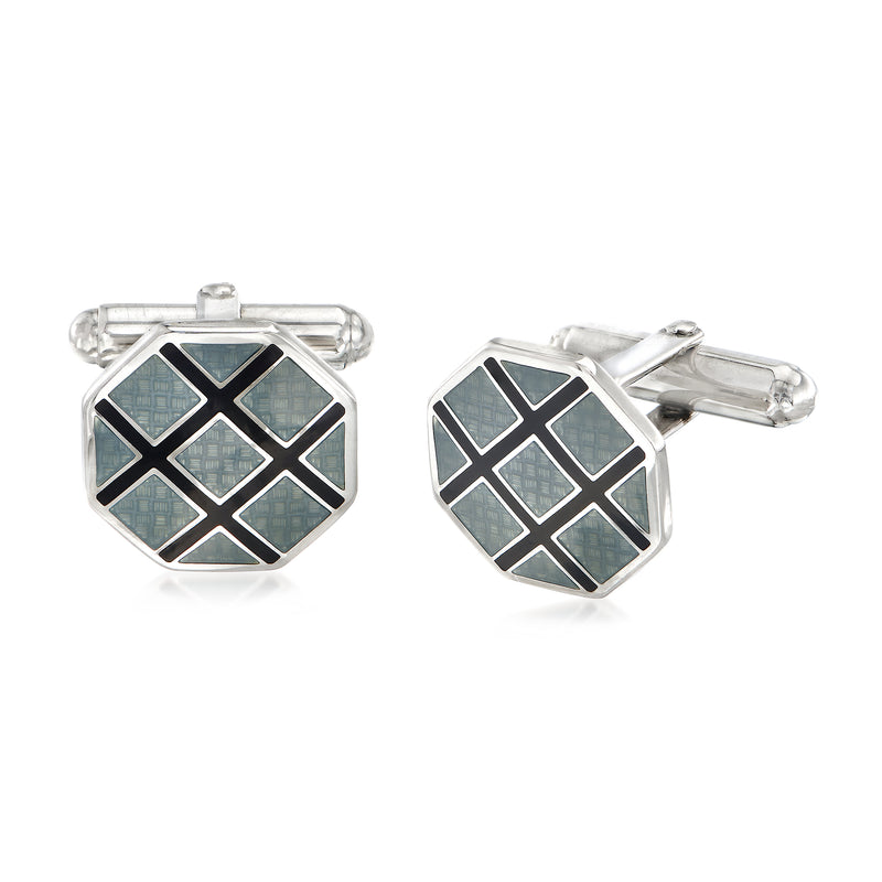 Sterling silver cuff links with black-and-gray argyle diamond pattern