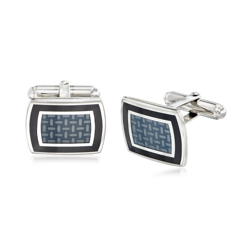 Sterling silver rectangular cuff links with black and gray crisscross motif in frame