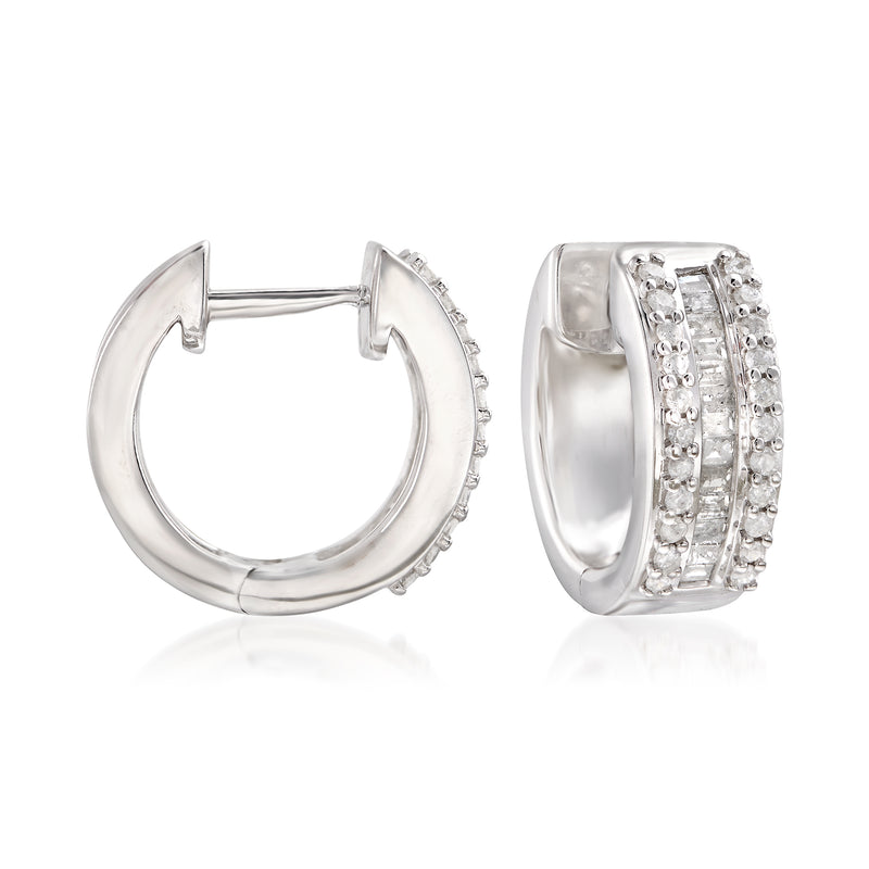Sterling silver diamond huggie hoop earrings with round and baguette stones