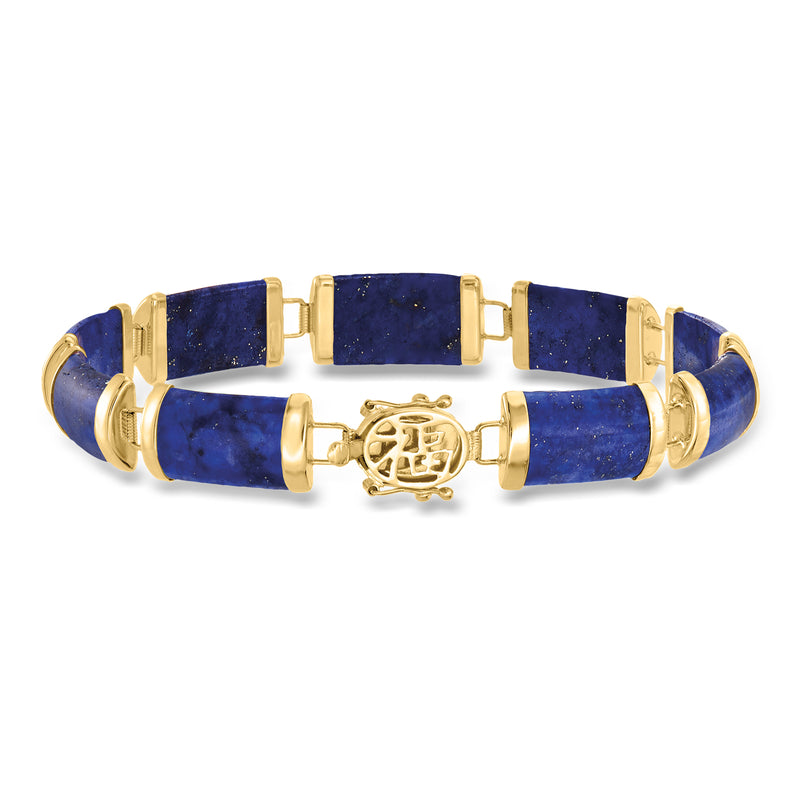 14kt yellow gold lapis bracelet with blue rectangular stones and central gold charm