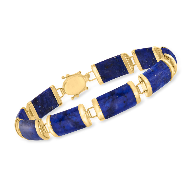 14kt yellow gold lapis bracelet with blue rectangular stone links and gold clasp
