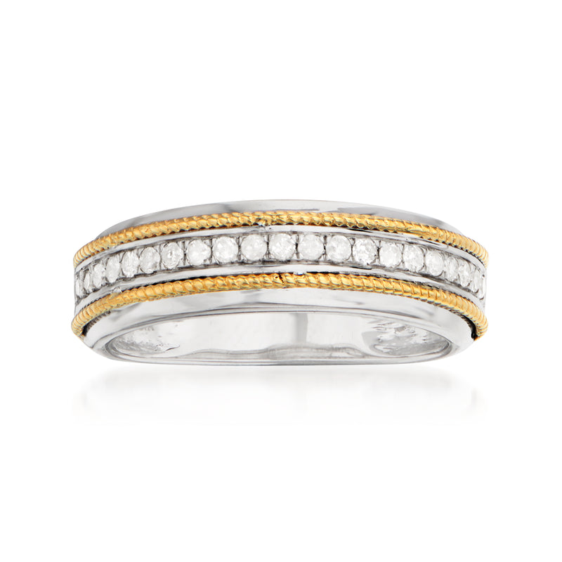 Two-tone diamond band ring in sterling silver and yellow gold with three rows of stones
