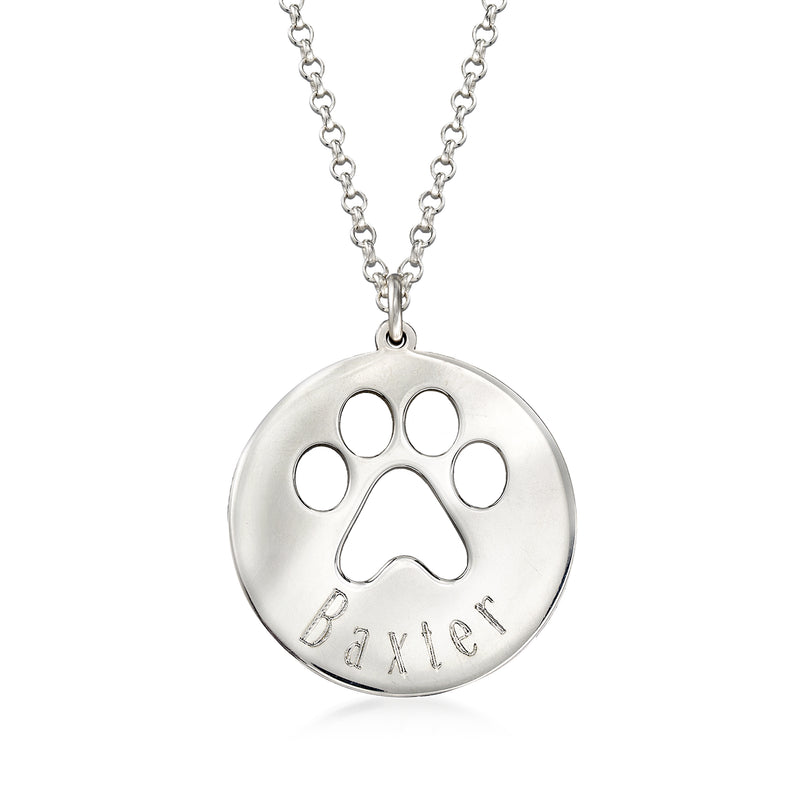 Sterling silver round paw print pendant necklace with engraved Baxter