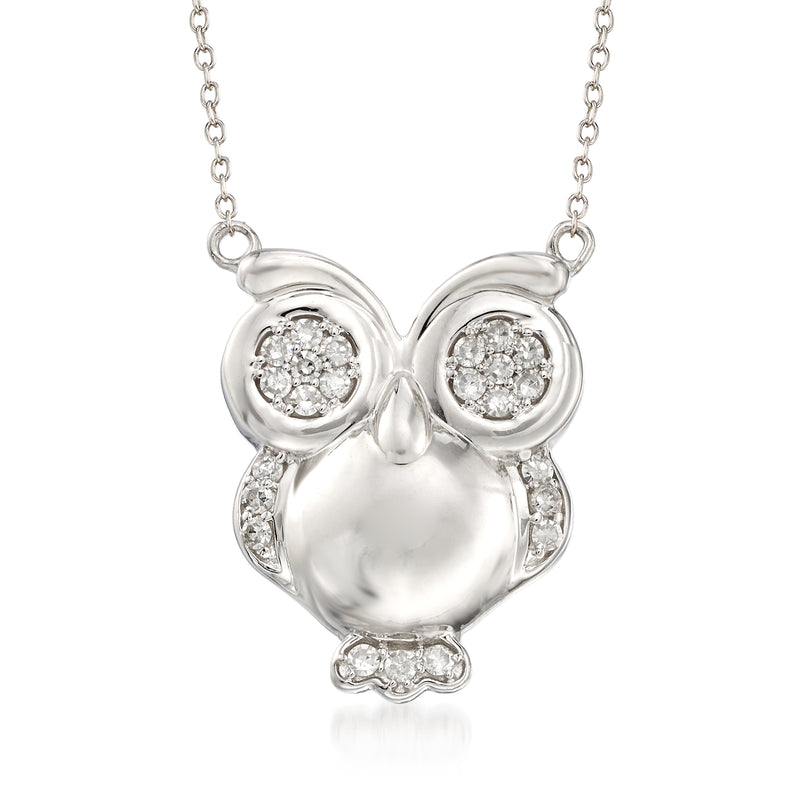 Sterling silver owl pendant necklace with round diamond-look stones, chain included