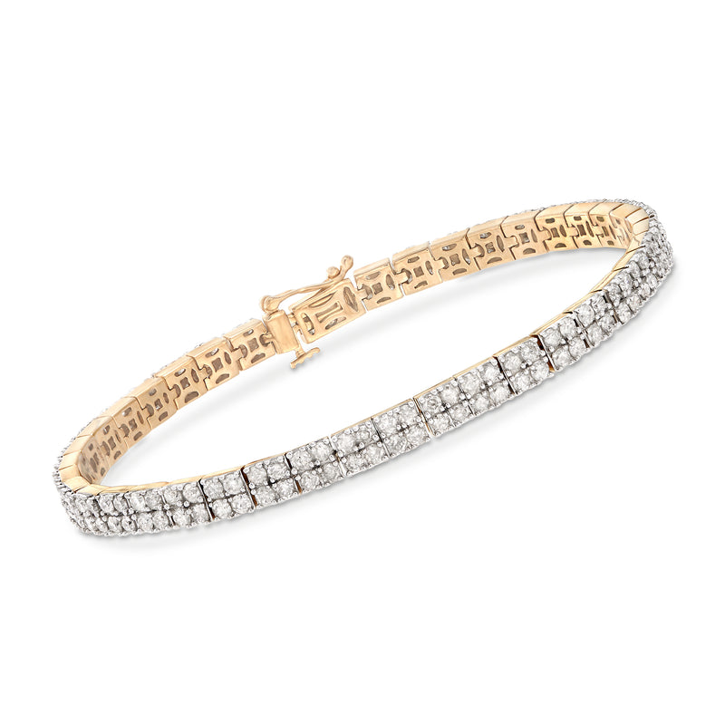 Two-row diamond-look tennis bracelet, pave stones with gold-tone border