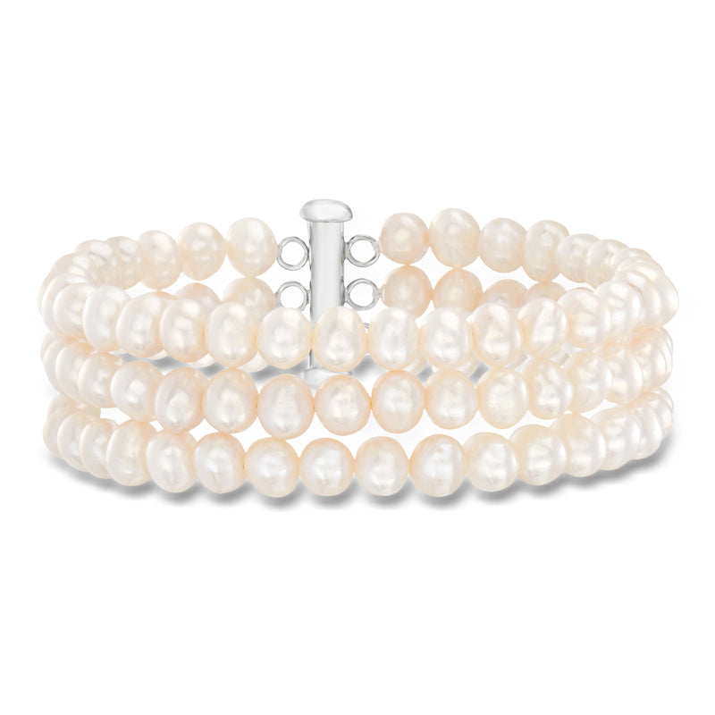Cultured pearl three-strand bracelet with sterling silver clasp, white round pearls