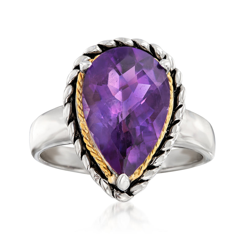 Sterling silver roped ring with pear-shaped amethyst and 14kt yellow gold accents.
