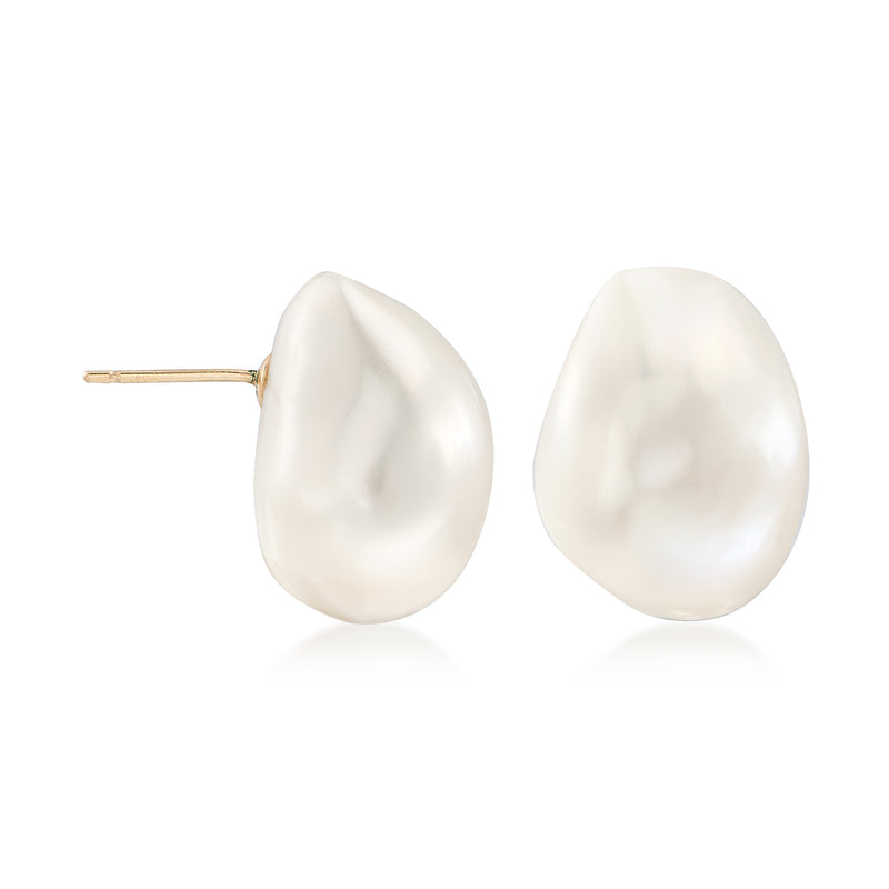 Cultured baroque pearl stud earrings with yellow gold post backs, white pearls