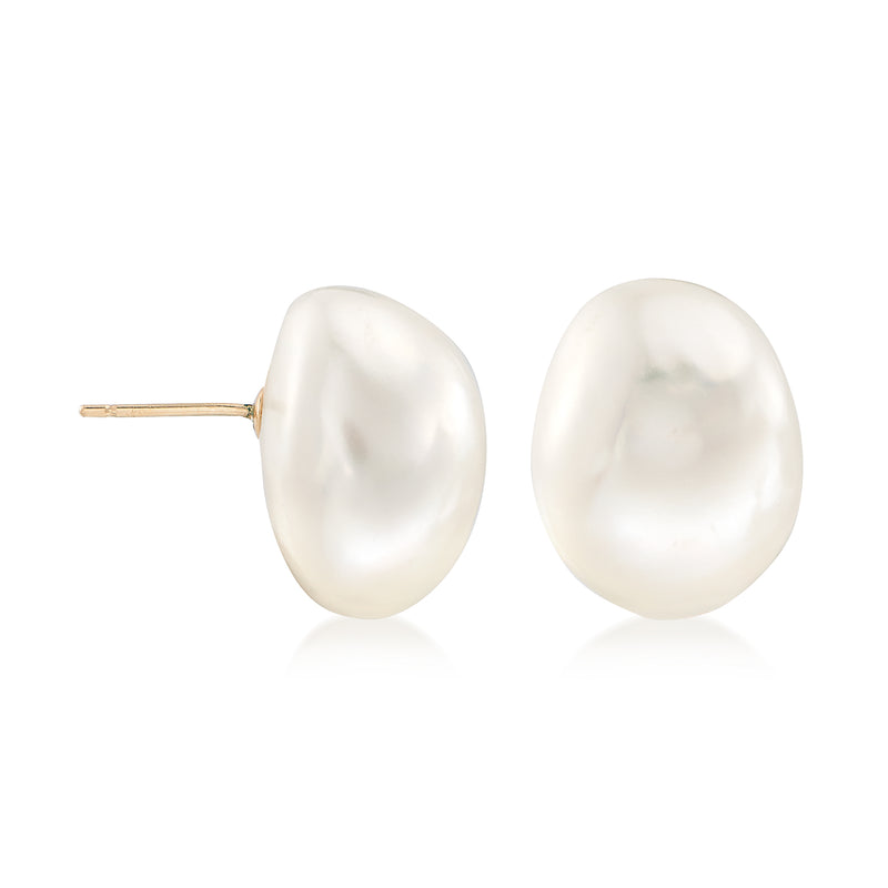 Cultured baroque pearl stud earrings, white pearls on yellow gold posts