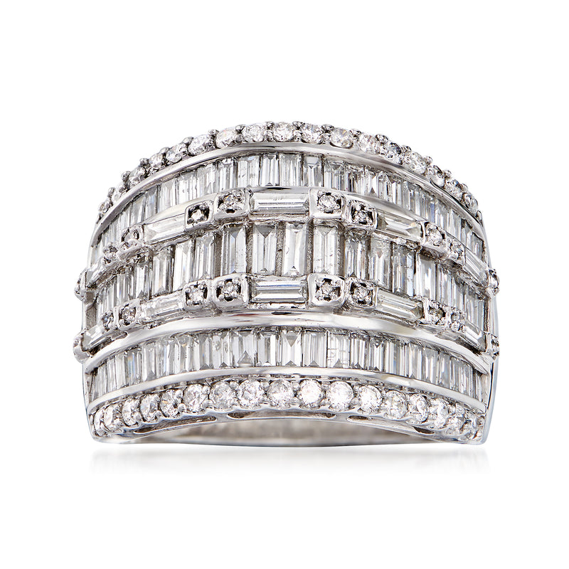 14kt white gold three-row baguette and round diamond ring with baguette center rows