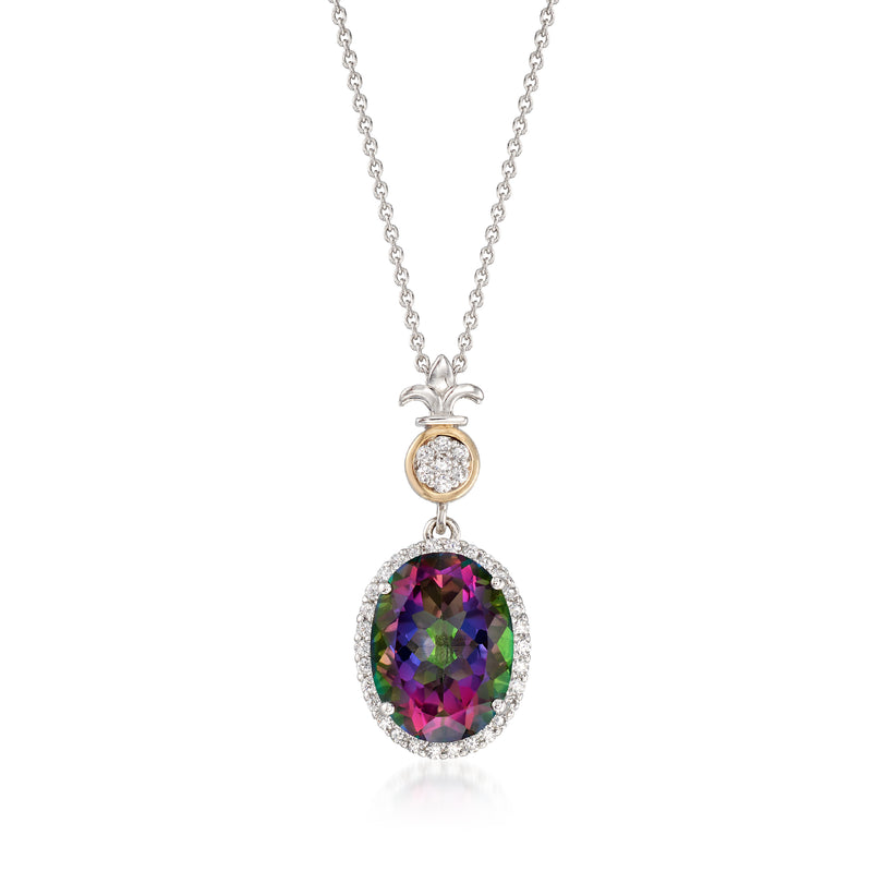 Sterling silver pendant necklace with oval mystic quartz in halo, fleur-de-lis top bail
