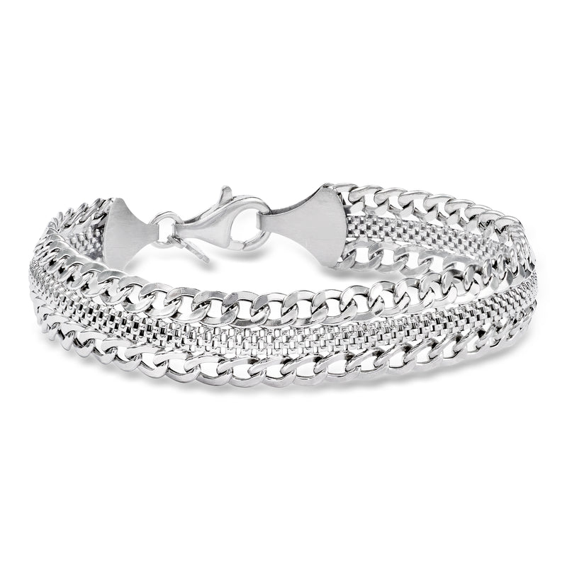 Sterling silver curb-link bracelet with lobster clasp and braided link pattern