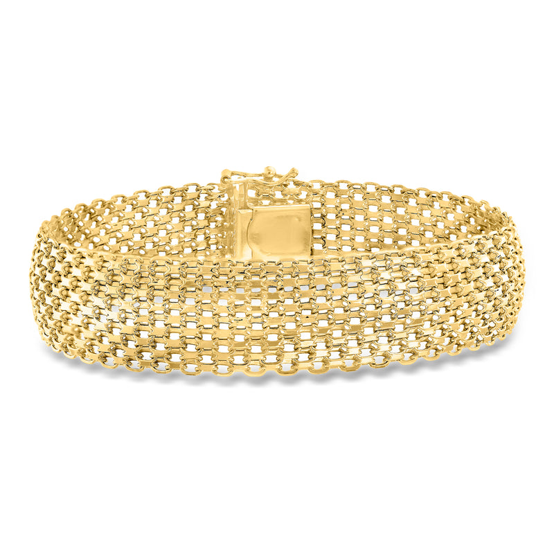 14kt yellow gold Bismark-link bracelet with box clasp and woven chain texture