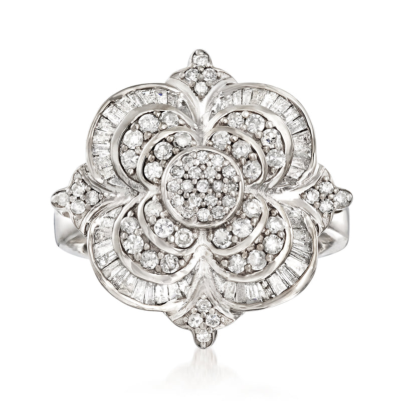 Sterling silver diamond cluster ring with round center and halo of small stones