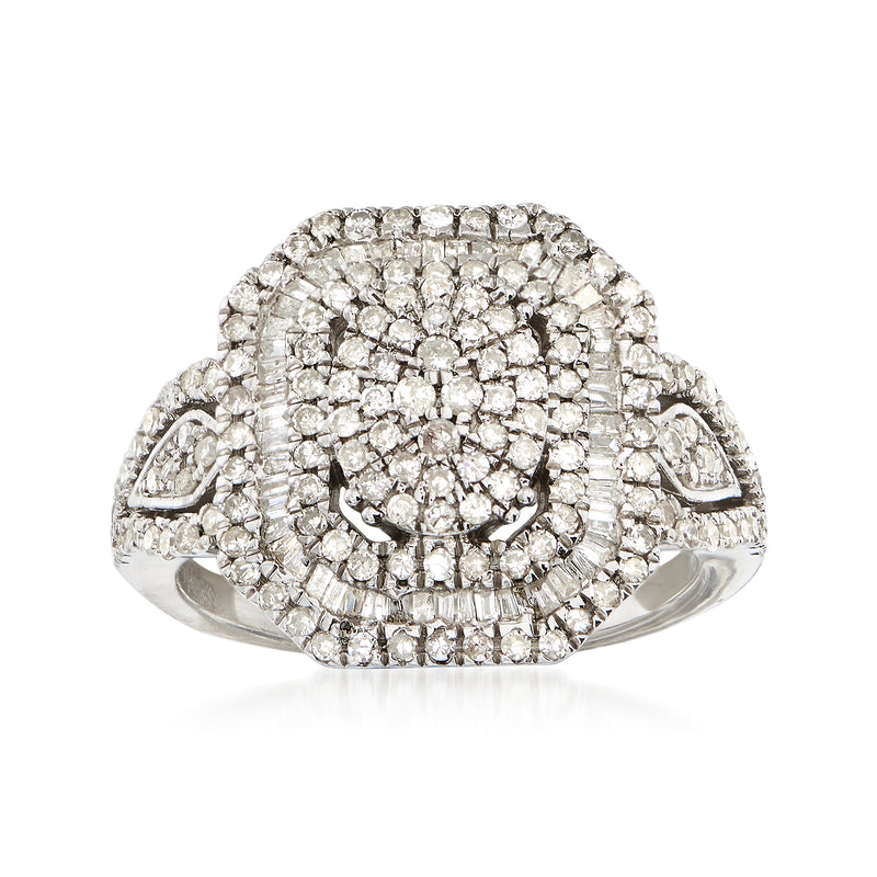 Sterling silver diamond cluster ring with round and baguette stones, multi-level crown