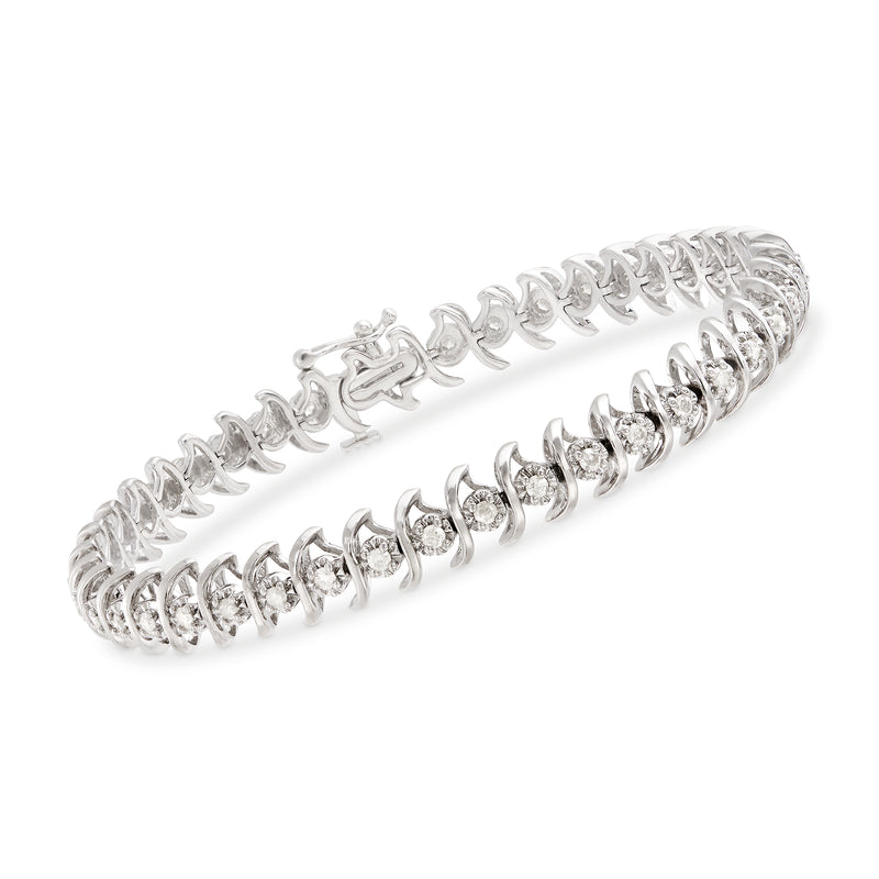 Sterling silver diamond tennis bracelet with linked prong-set round stones