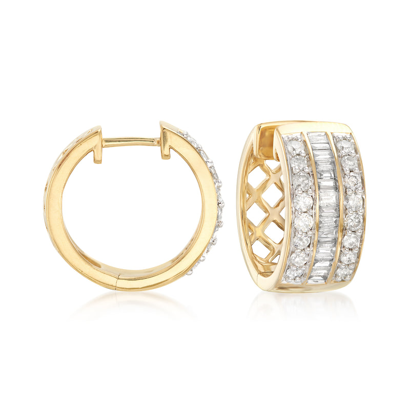 Gold over sterling hoop earrings with round and baguette diamonds
