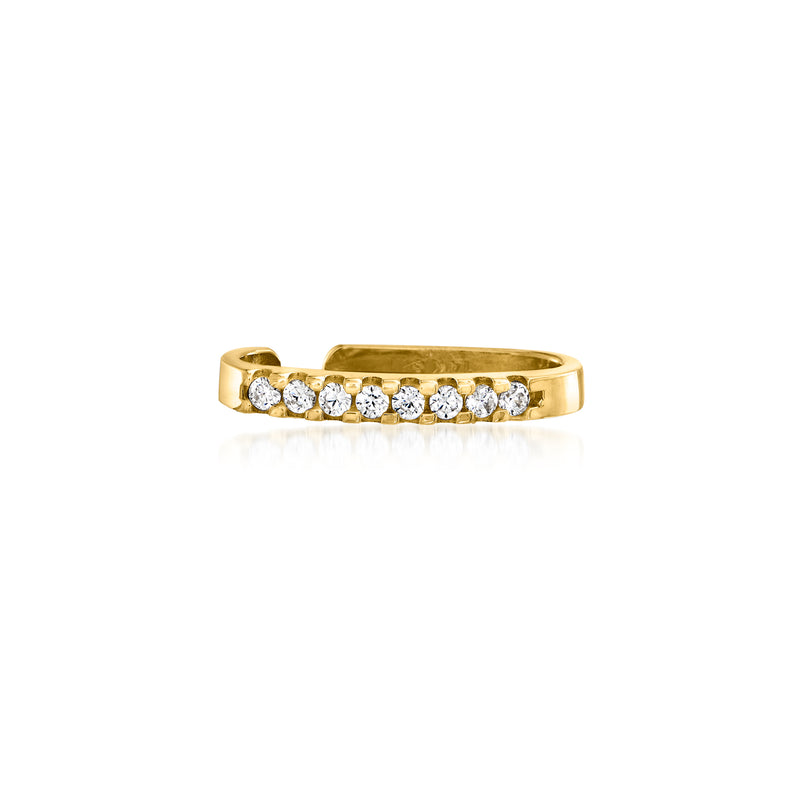 14kt yellow gold CZ bar single ear cuff with a row of round clear stones