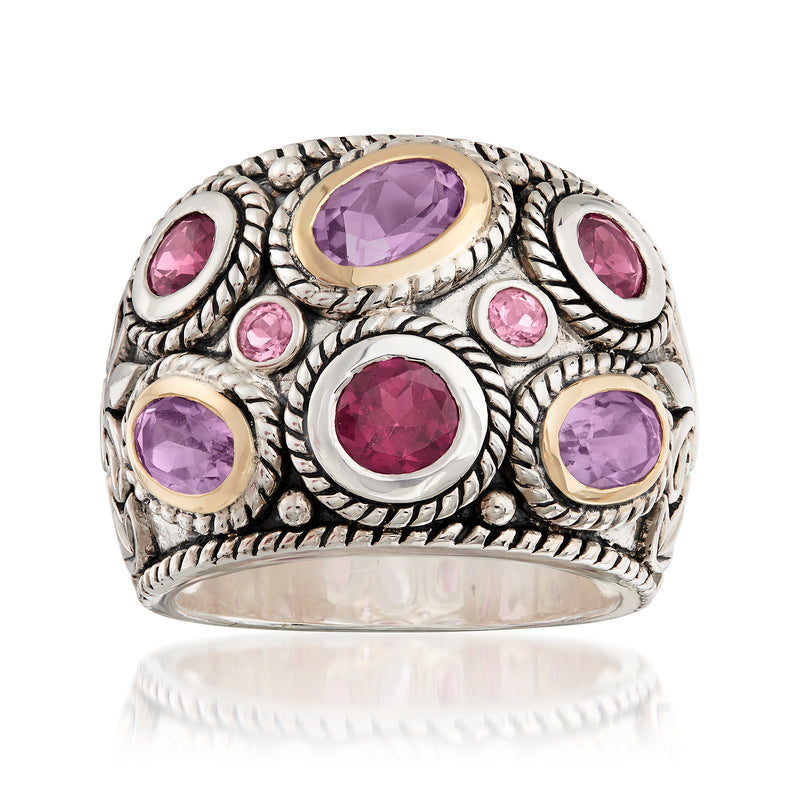 Bali-style dome ring in silver with yellow-gold setting and purple-pink gemstone cabochons