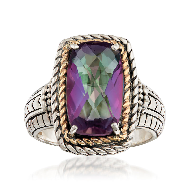 14kt yellow gold and sterling silver mystic quartz roped ring with faceted oval stone