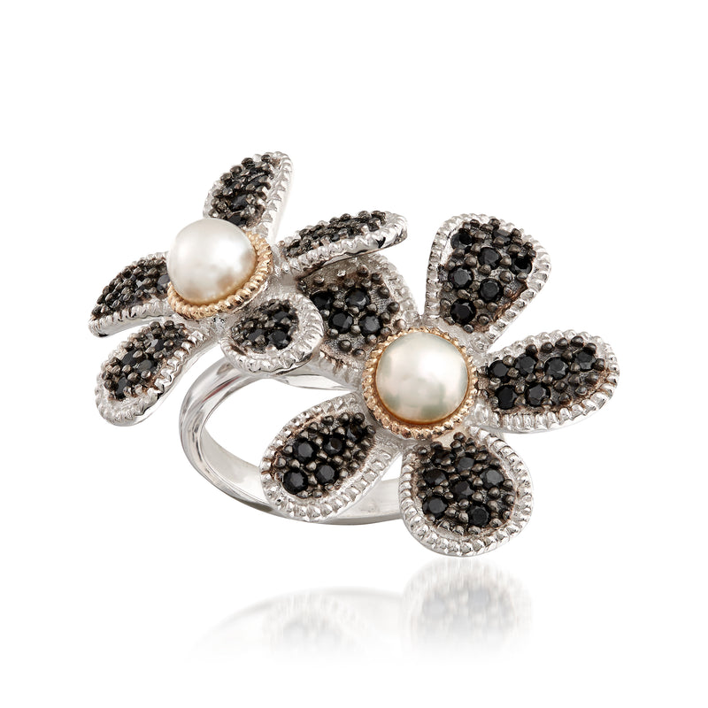 Pearl and black spinel flower ring in sterling silver with gold accents