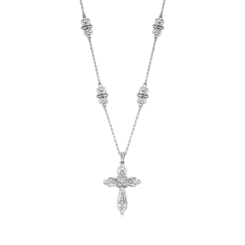 Sterling silver diamond openwork cross necklace with small pendant cross on chain